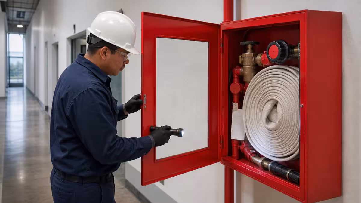 Inspeccion de gabinete con manguera contra incendios en corredor industrial