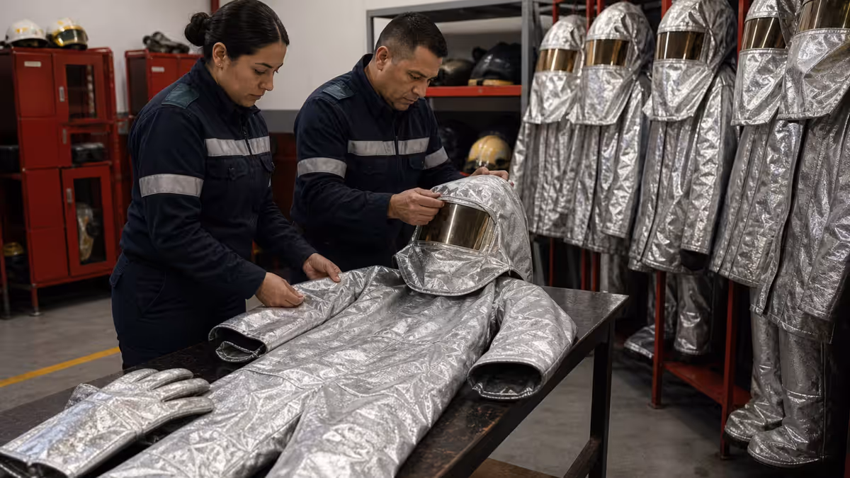 Aproximacion: Equipo de protección personal para bomberos en México inspección de traje de aproximacion aluminizado para bomberos industriales