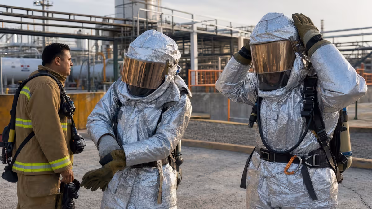 Bomberos con trajes de aproximacion preparandose en infraestructura de petroleo y gas