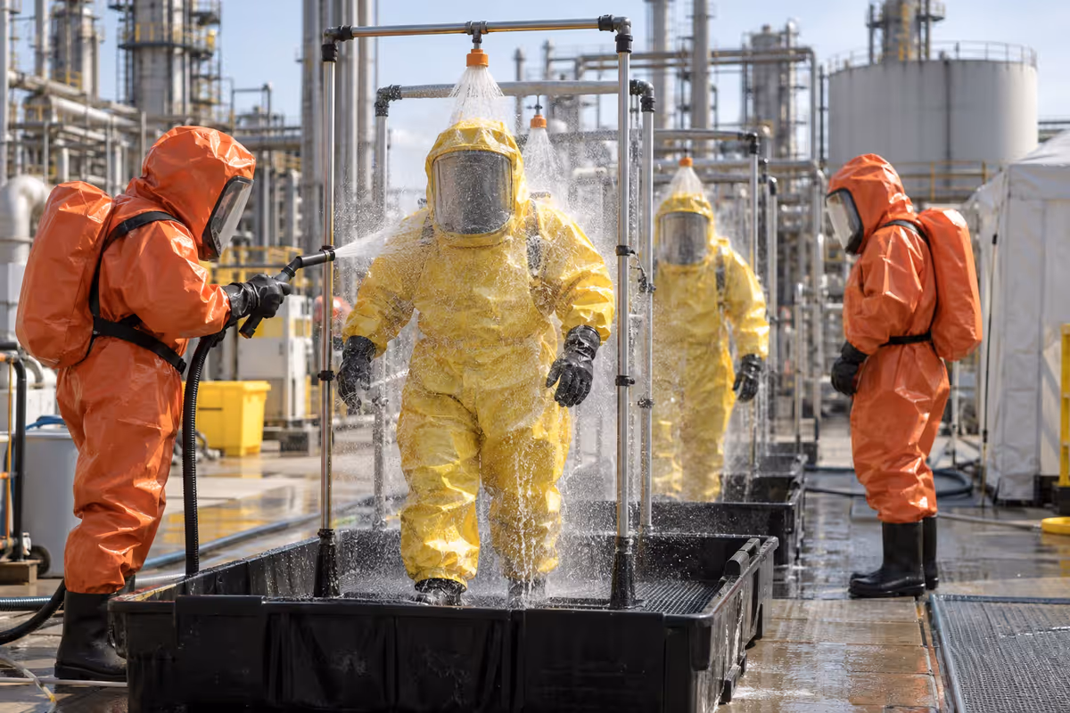 Operación de descontaminación con traje hazmat