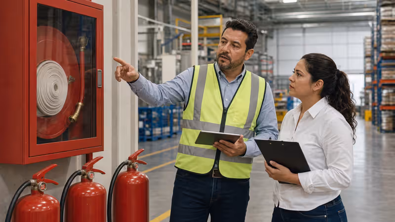 Supervisor e inspector verificando cumplimiento NOM-002-STPS en una empresa industrial