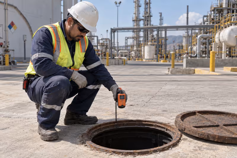 Técnico con casco mide sobre un pozo de visita abierto en una planta industrial