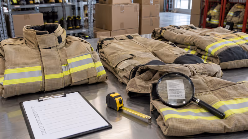 Mesa de recepción con trajes de bombero estructurales, lista de verificación y lupa sobre la etiqueta de la prenda