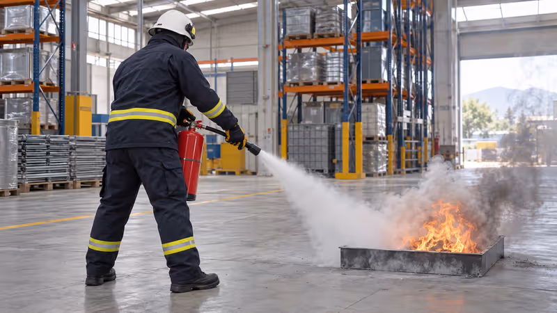 Brigadista industrial con prenda de brigada y casco controla un fuego incipiente con un extintor portátil