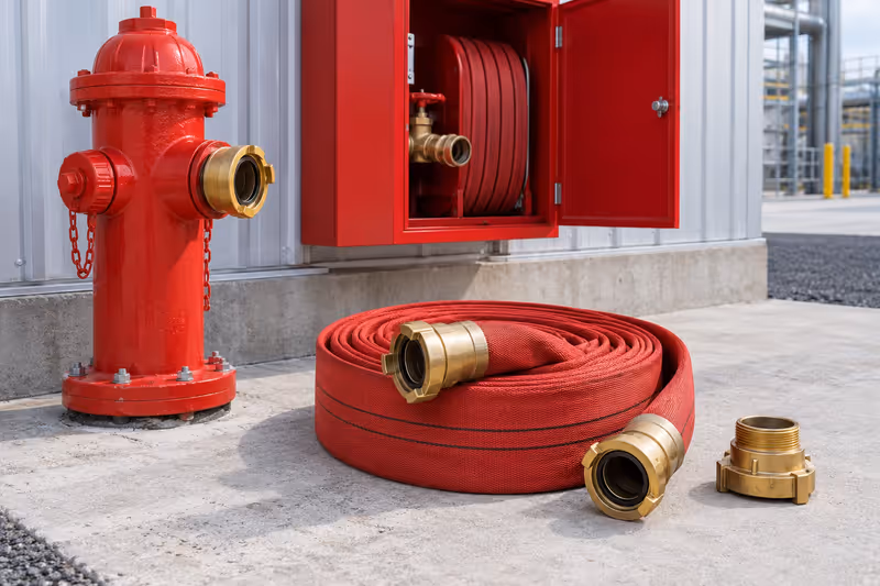 Manguera roja y coples junto a un hidrante exterior y gabinete contra incendio