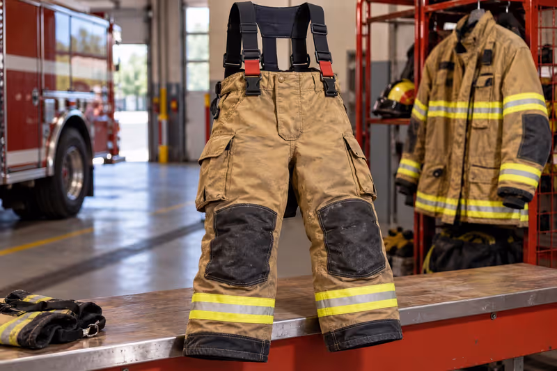 Pantalón de bombero con tirantes, refuerzos de rodilla y botas para una práctica de emergencia