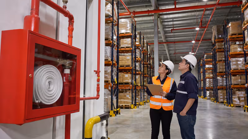 Protección contra incendios en bodega logística con racks altos y sistema de rociadores