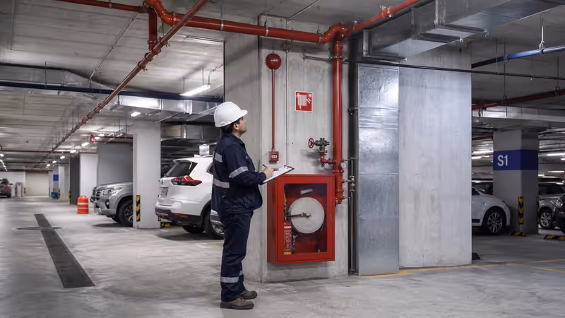 Sistema contra incendios en estacionamiento subterraneo con red de rociadores y gabinetes