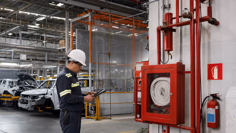 Protección contra incendios en planta automotriz industrial con líneas de producción