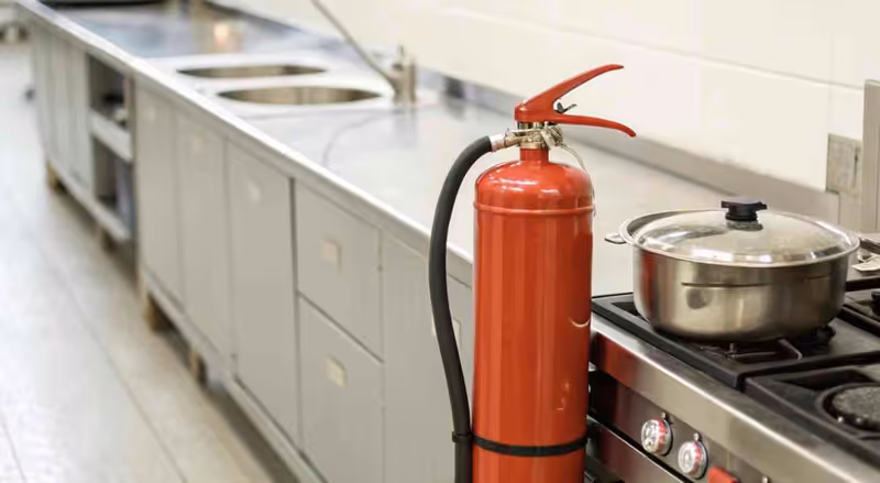 Extintor contra incendio instalado junto a la estufa de una cocina industrial, equipo que suministra Proyecto Red en CDMX