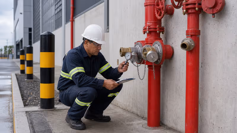 Toma siamesa FDC inspeccionada para conexion de bomberos en edificio