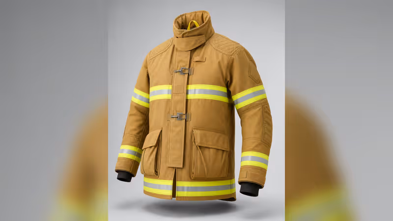 Chaqueta de bombero estructural color arena con cintas reflejantes, cierre frontal y cuello alto