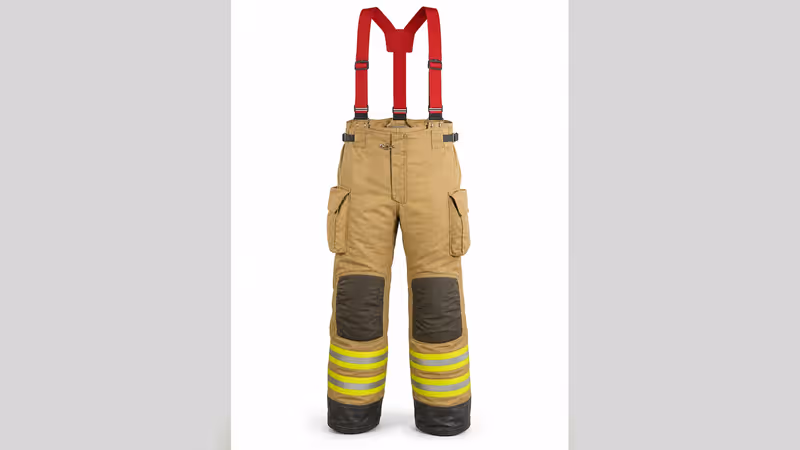 Pantalón estructural de bombero color arena con tirantes rojos, rodilleras y cintas reflejantes