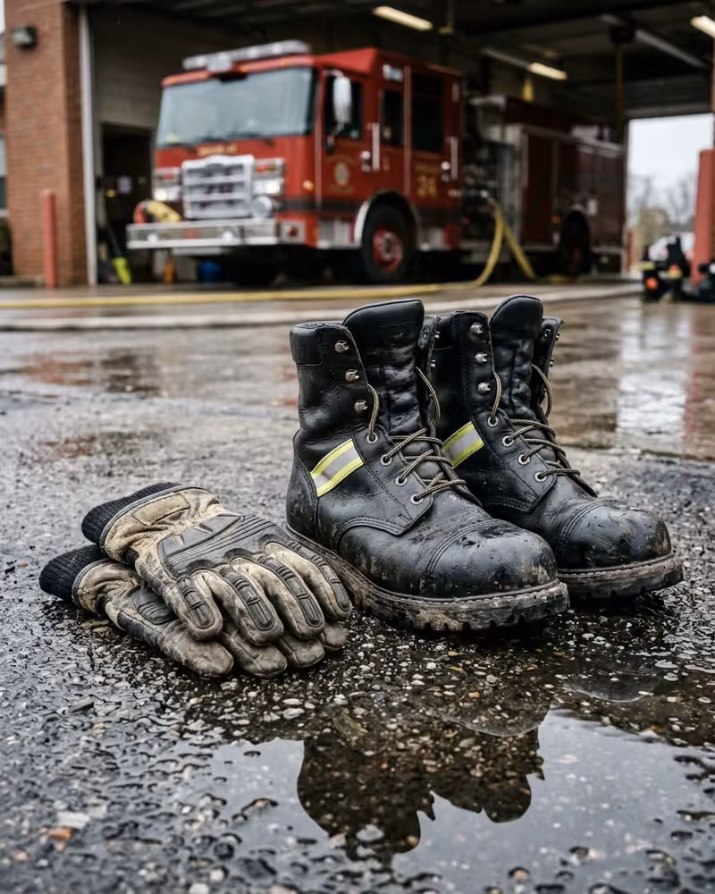 Botas y guantes de bombero en estación
