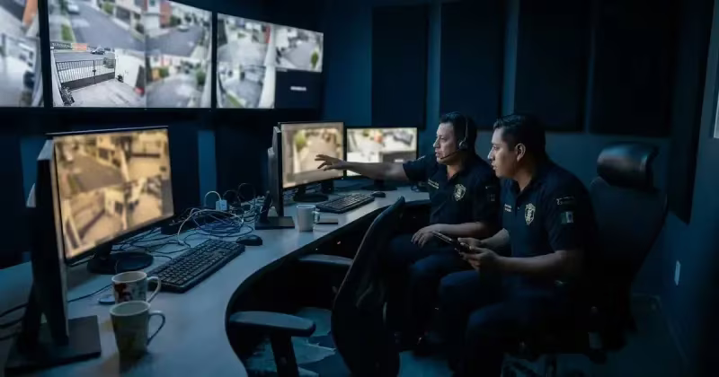 Equipo de seguridad analiza riesgos frente a los monitores de videovigilancia