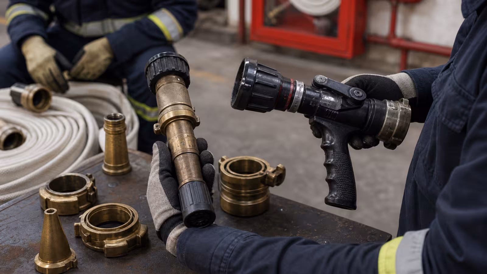 Brigadista industrial usando una boquilla para controlar el patrón de descarga de agua