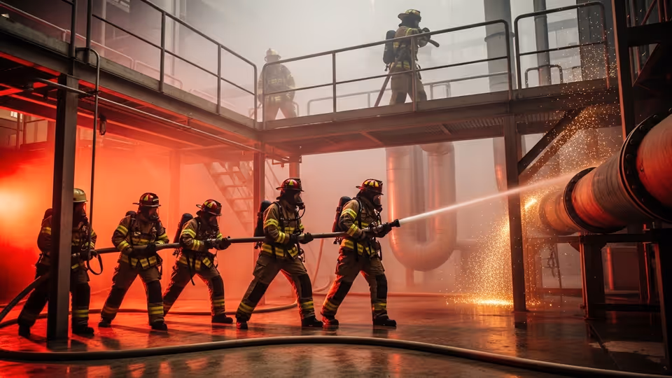 Brigada industrial en entrenamiento de protección contra incendios con equipo certificado NFPA