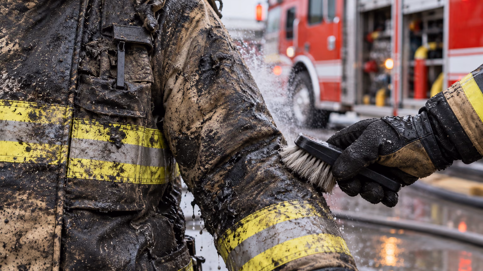 Manga de chaquetón de bombero cubierta de hollín durante la descontaminación gruesa en el lugar del incendio