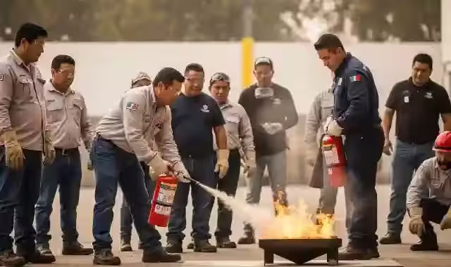 Brigadistas practican el uso de extintores sobre una charola con fuego controlado