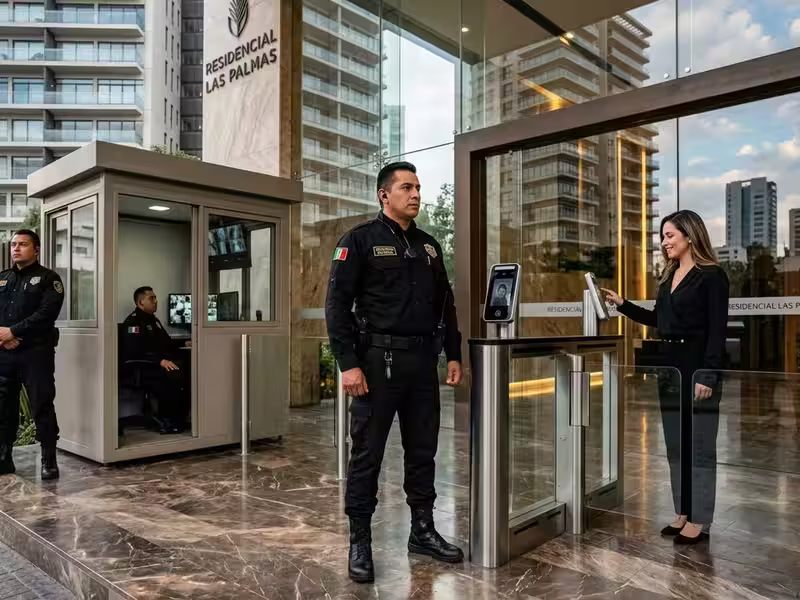 Caseta de vigilancia y control de acceso con torniquete en la entrada de un condominio vertical