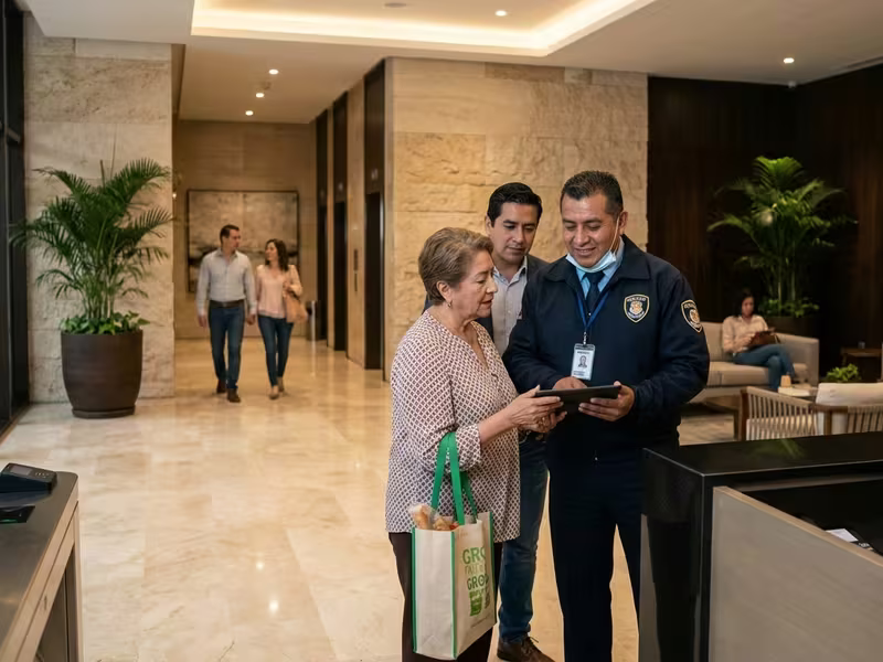 Guardia muestra a una residente el reporte de vigilancia en el vestíbulo del condominio