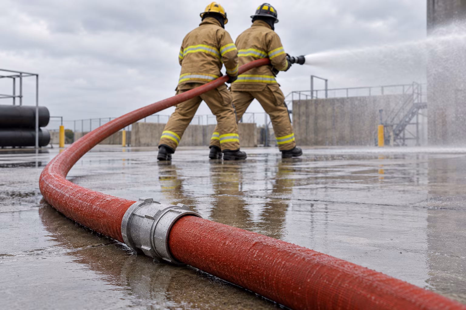 Manguera contra incendio cargada con agua durante una práctica industrial