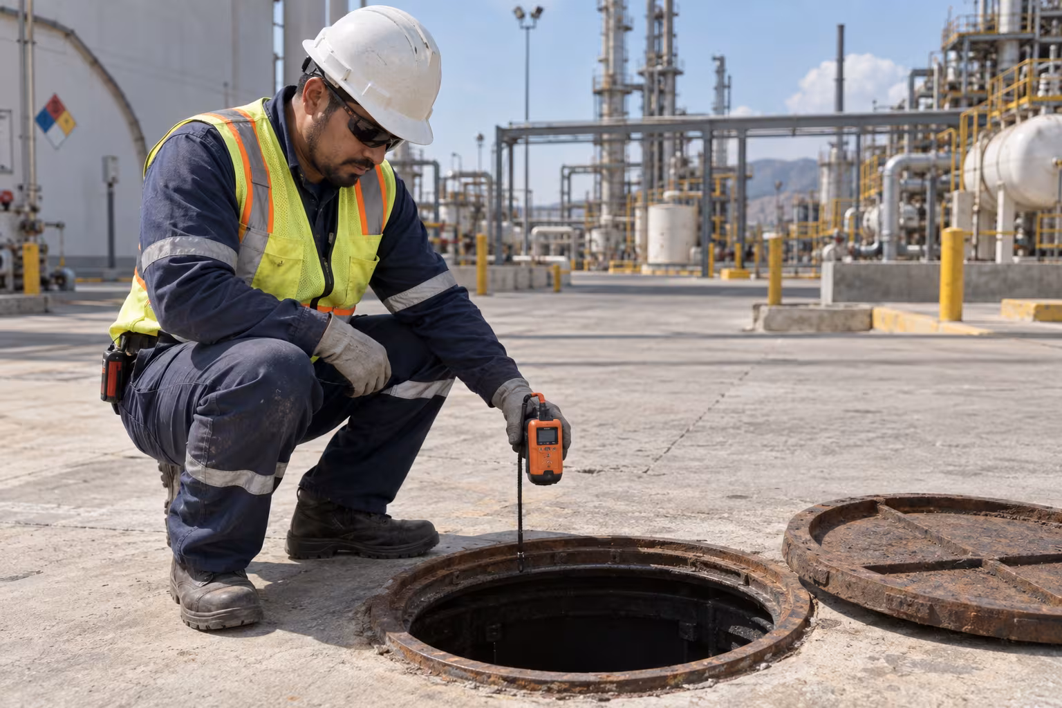 Técnico con casco mide sobre un pozo de visita abierto en una planta industrial