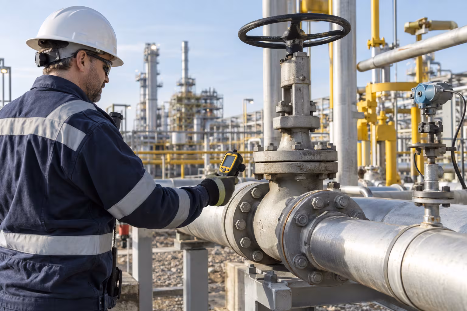 Técnico usa un detector portátil junto a una válvula de gas en planta