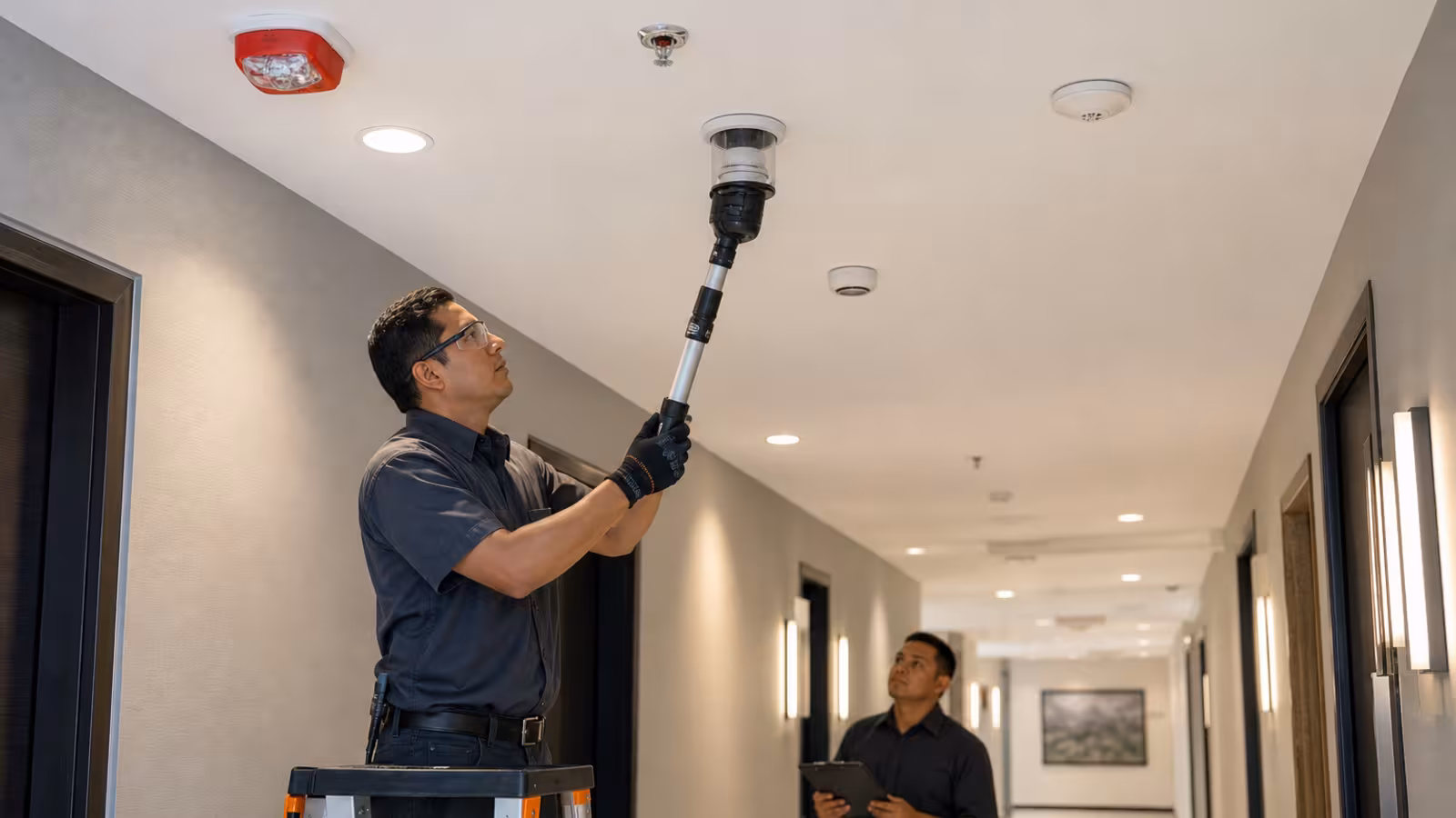 Técnico inspeccionando detectores de humo y calor en edificio comercial