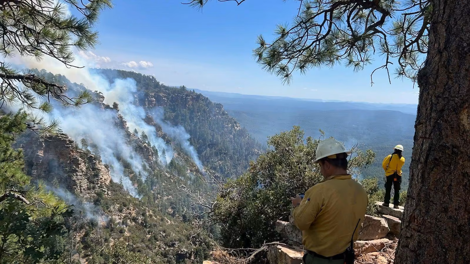Piloto de dron de un servicio forestal observa desde un mirador un incendio en ladera boscosa con columnas de humo