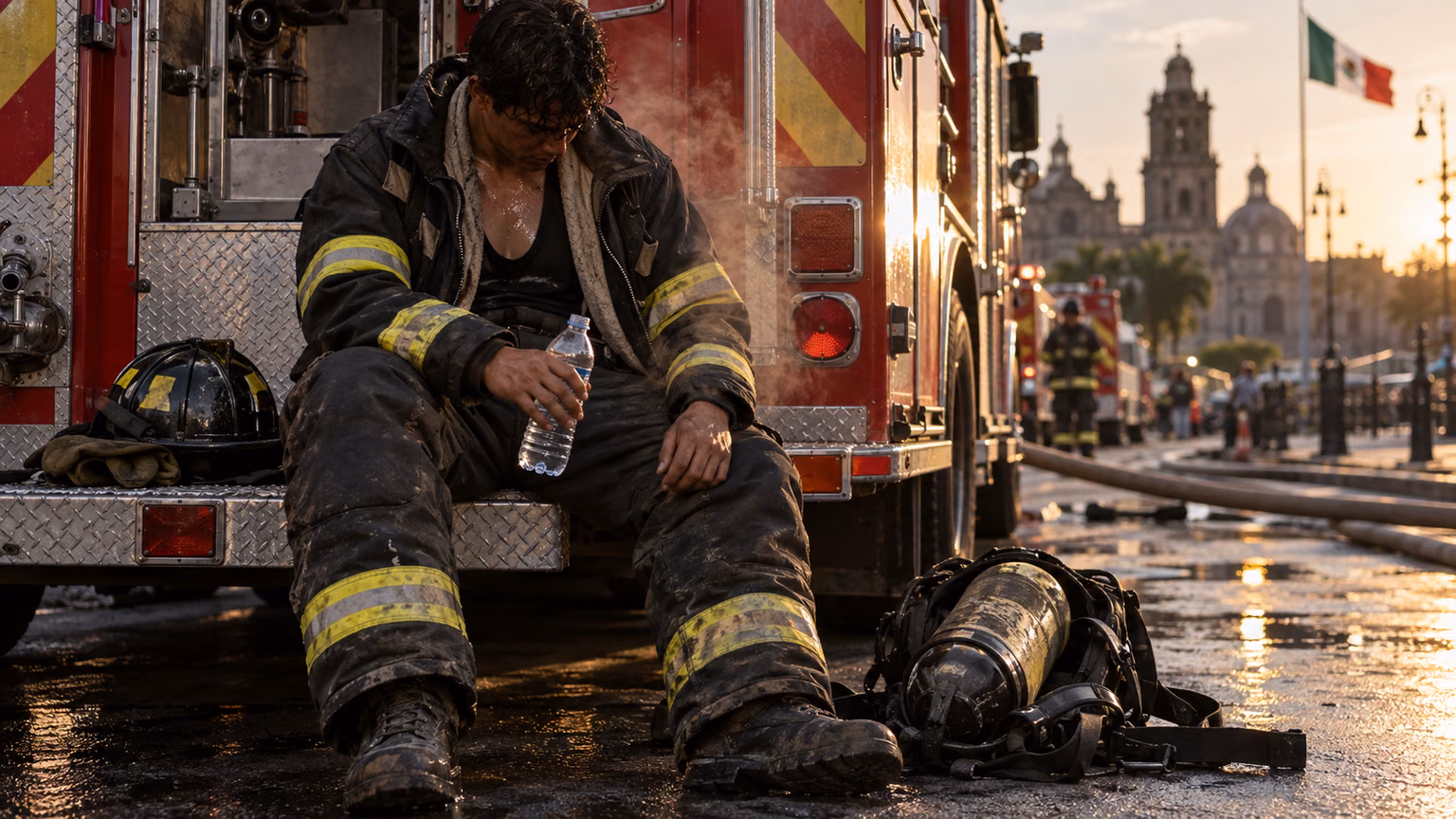 Bombero en rehabilitación con el chaquetón abierto y una botella de agua tras una intervención
