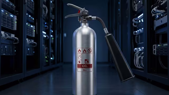 Extintor de CO2 junto a los racks de un cuarto de servidores
