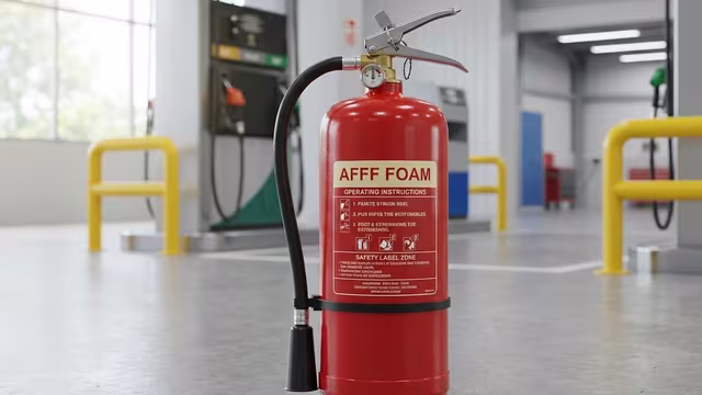 Extintor de espuma AFFF en una estación de servicio, riesgo clase B donde se evalúan extintores móviles