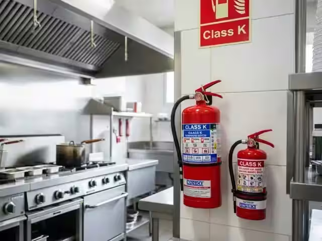 Extintores clase K montados junto a la línea de cocción de una cocina comercial