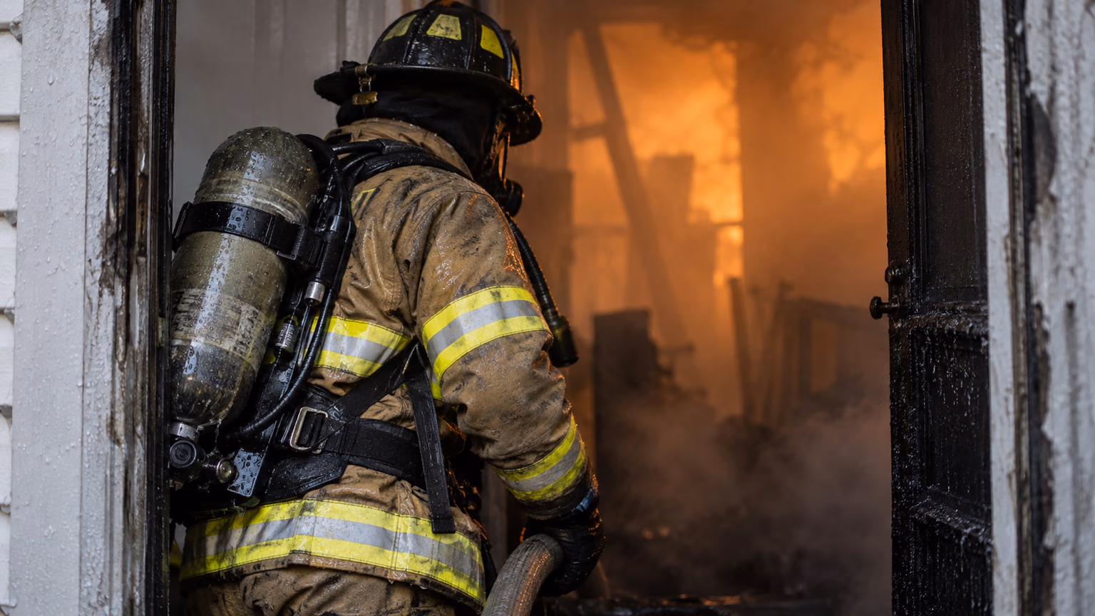 Bombero con traje estructural de tres capas y equipo de respiración frente a la entrada de un inmueble con humo
