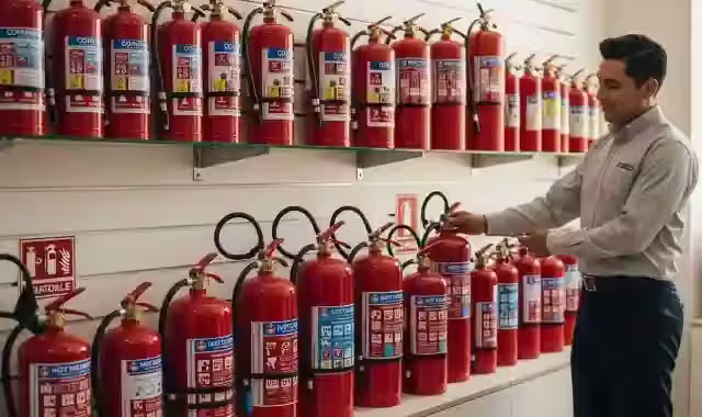 Responsable revisa el inventario de extintores de distintas capacidades antes de su servicio anual