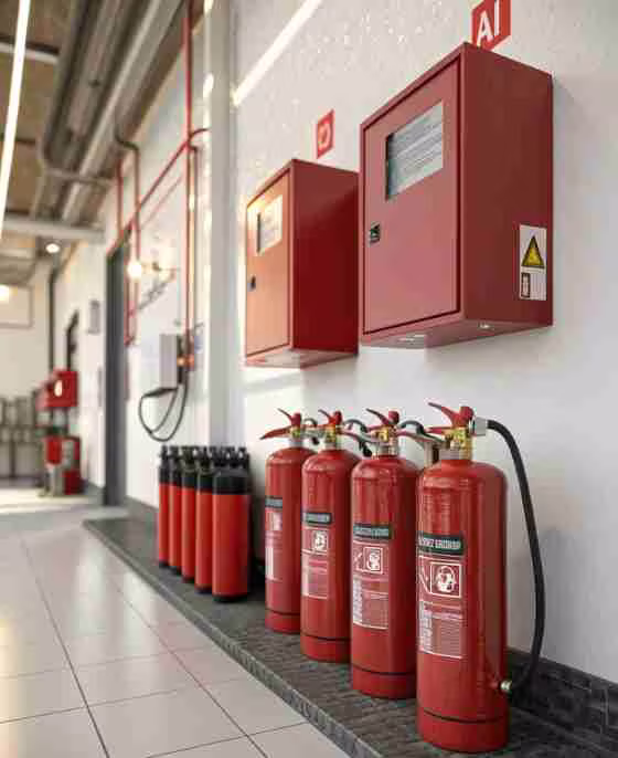 Extintores rojos y gabinetes contra incendio en el pasillo de una planta industrial, equipo que suministra LGA Contra Incendios en Querétaro