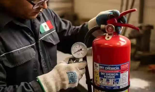 Técnico revisa el manómetro de un extintor de polvo químico seco durante el mantenimiento preventivo de MANEXT en CDMX