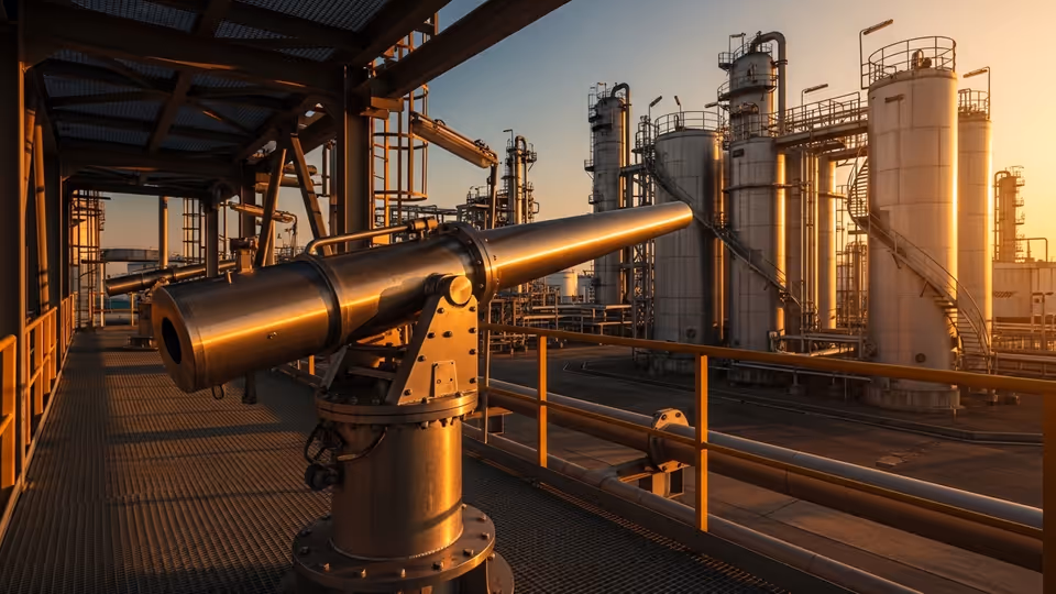 Monitor contra incendios en refinería industrial — protección en industria petrolera México