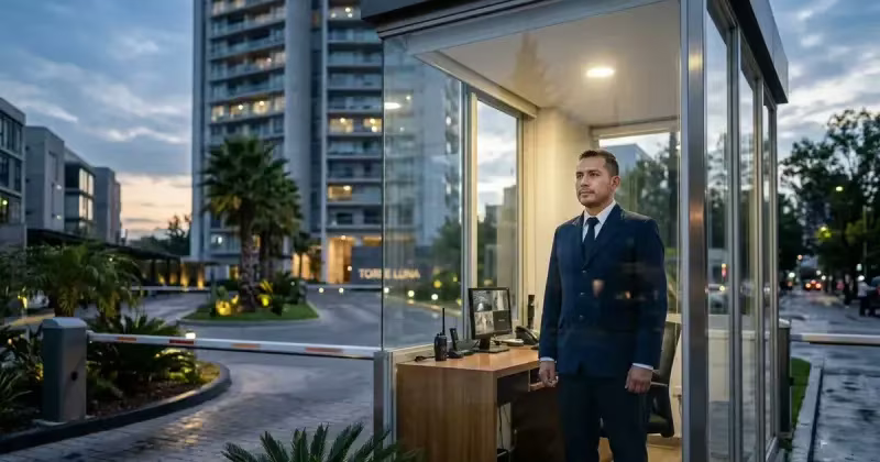 Guardia en el control de acceso de un edificio corporativo como parte de un programa de prevención de pérdidas