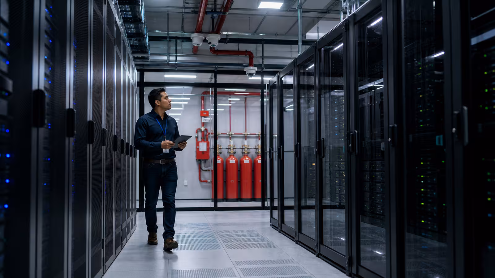 Sistema de protección contra incendios en data center con técnico de inspección