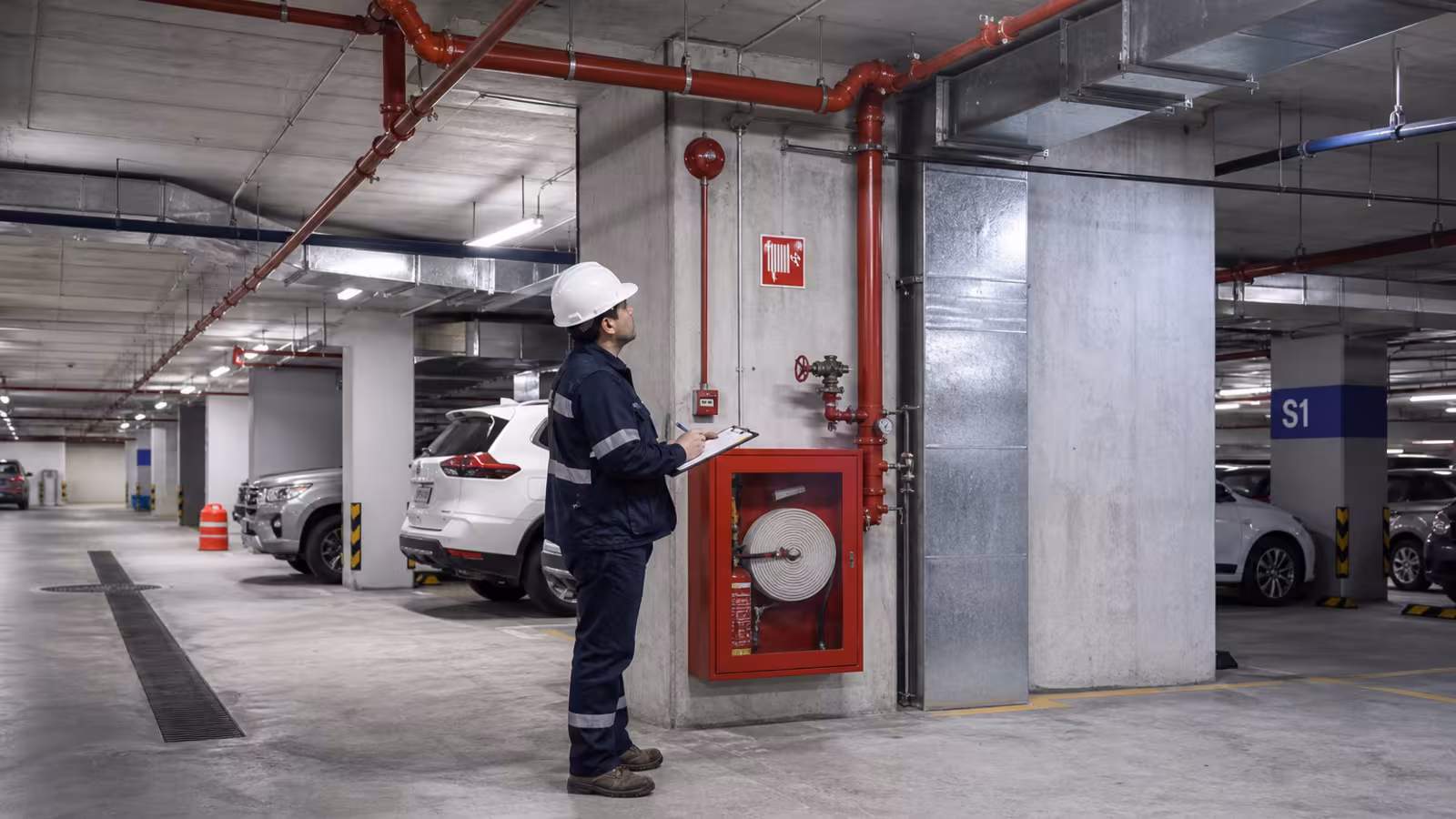 Sistema contra incendios en estacionamiento subterraneo con red de rociadores y gabinetes