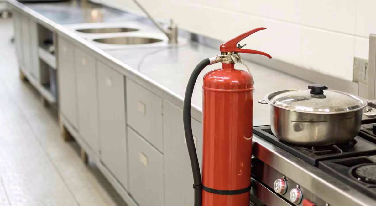 Extintor contra incendio instalado junto a la estufa de una cocina industrial, equipo que suministra Proyecto Red en CDMX