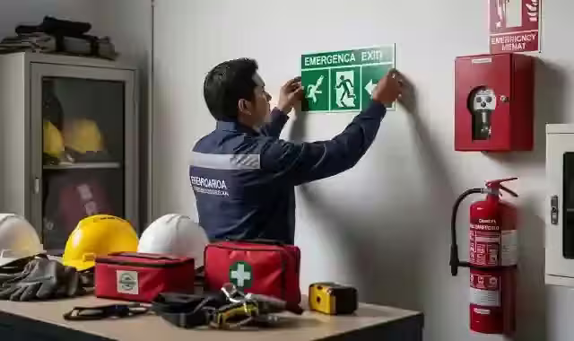 Técnico coloca la señal de ubicación sobre un extintor montado en el muro a la altura reglamentaria