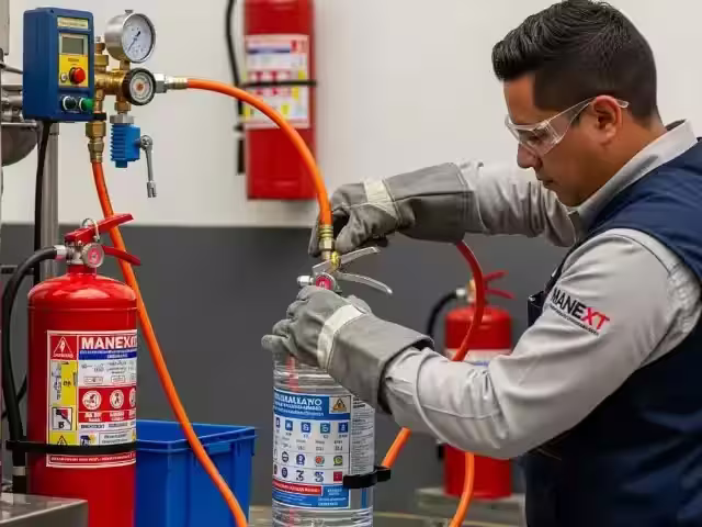 Técnico conecta un cilindro de extintor al equipo de prueba en el taller de servicio