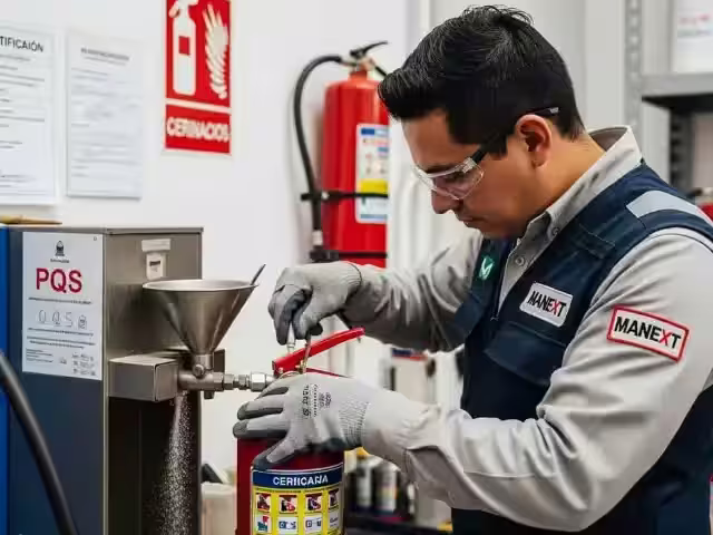 Técnico recarga un extintor de polvo químico seco antes de colocar la etiqueta de servicio
