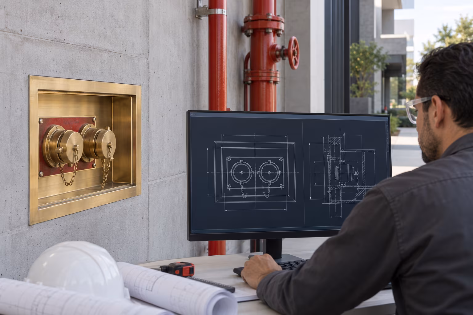 Ingeniero revisando un bloque CAD de toma siamesa en un plano contra incendio