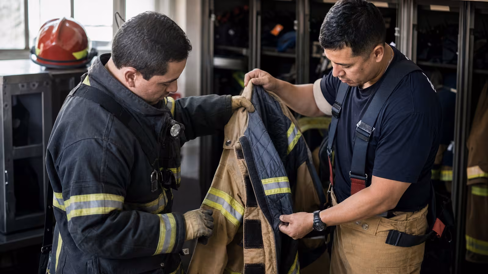 Traje estructural de bombero certificado durante inspección técnica