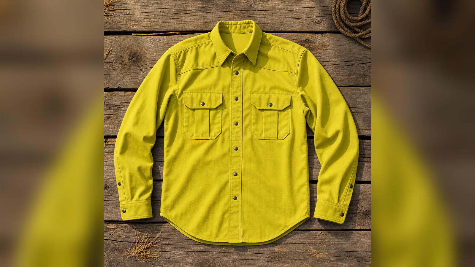 Camisola forestal amarilla de meta-aramida sobre una mesa de madera