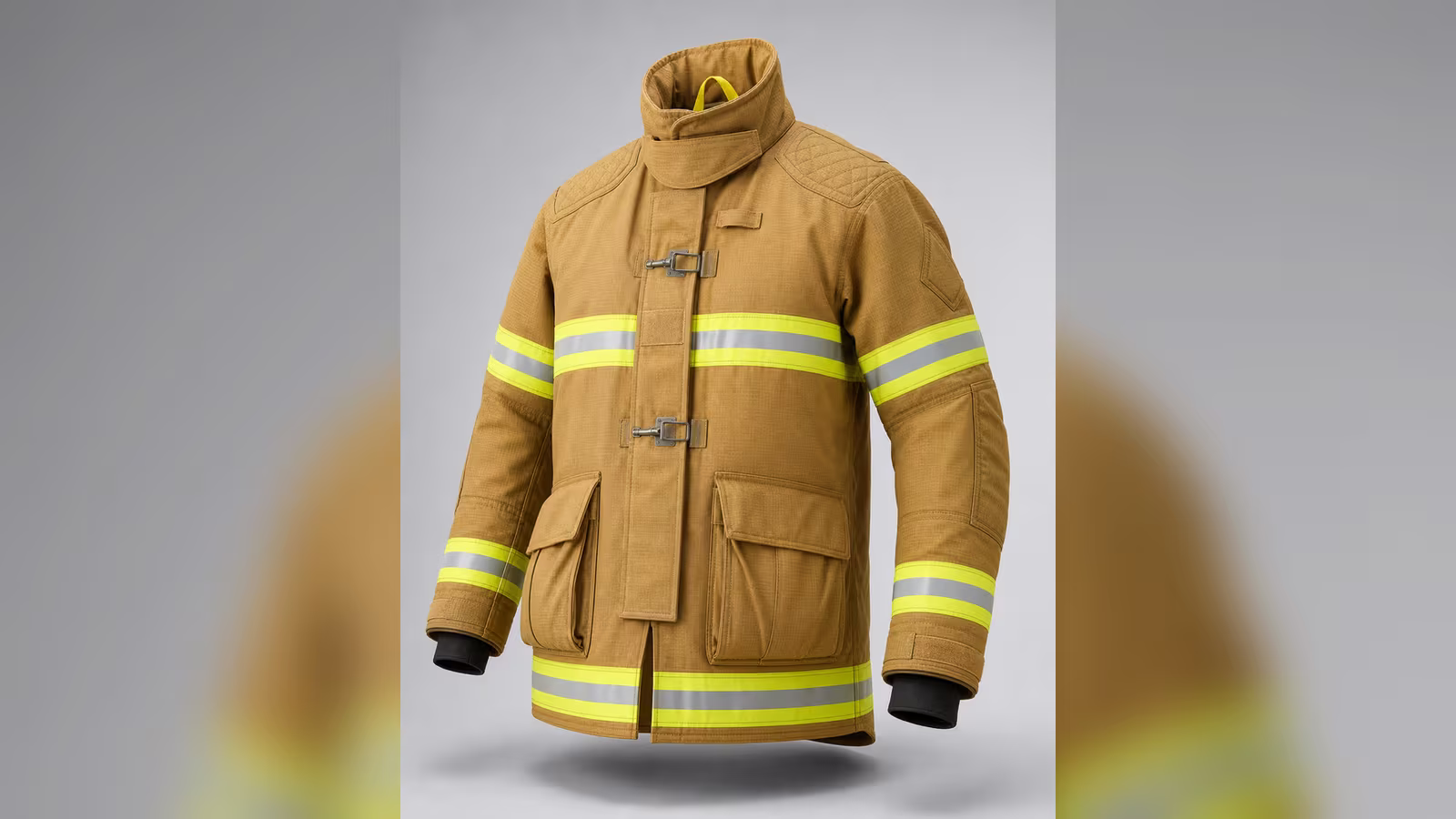 Chaqueta de bombero estructural color arena con cintas reflejantes, cierre frontal y cuello alto